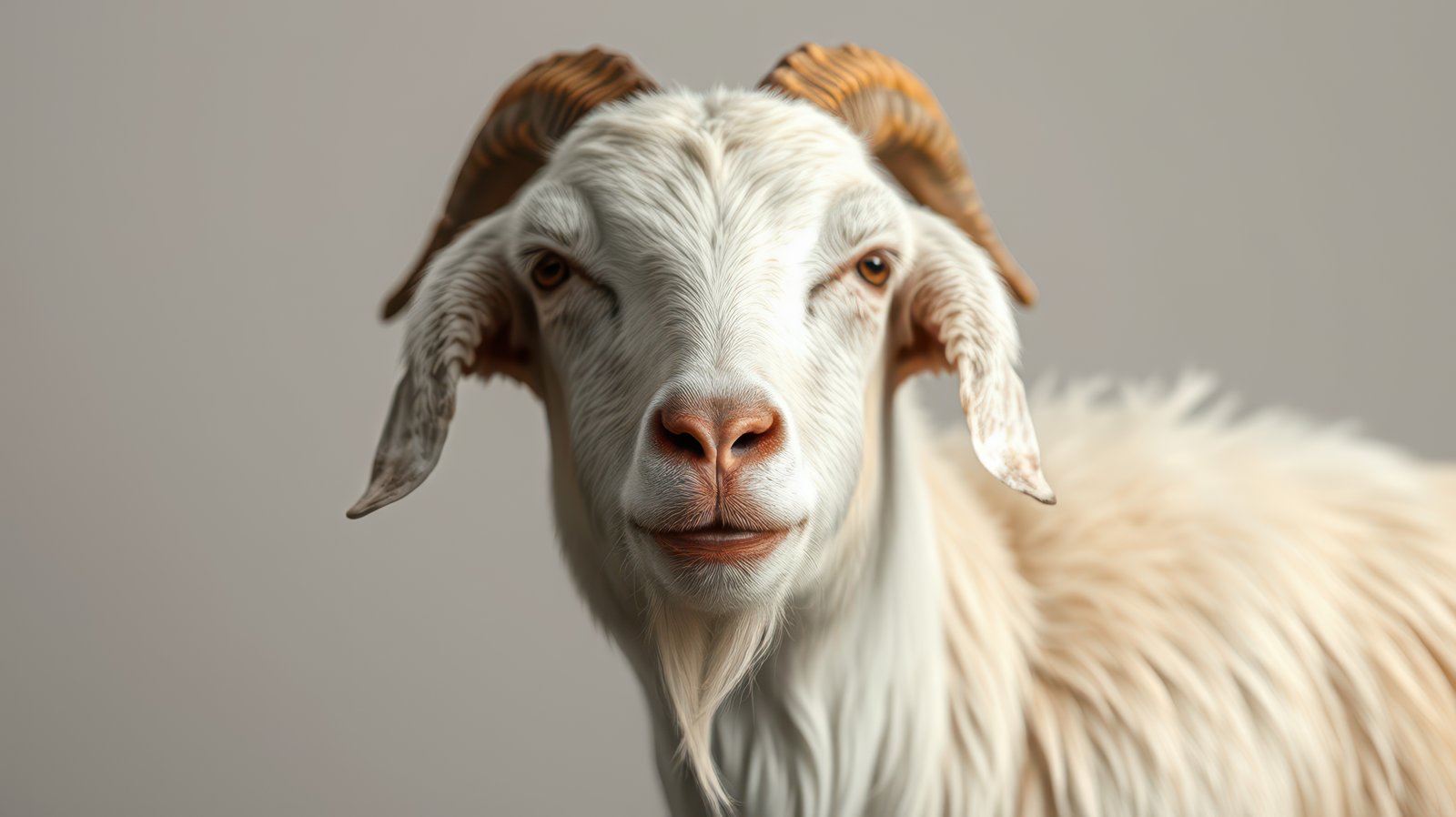 Close-up view of a friendly goat with expressive eyes standing against a neutral background, showcasing its gentle nature and unique features